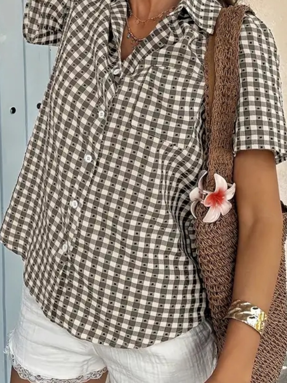 Checked Short-Sleeve Button-Up Top in Brown & White